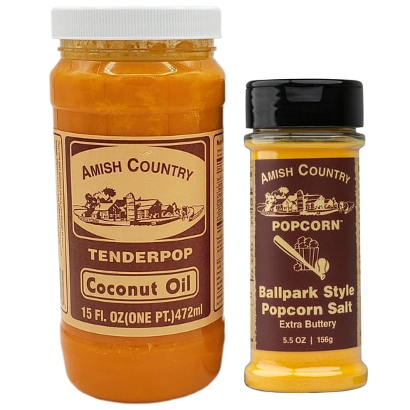 Amish Country Popcorn | GGA1 Oil and Seasoning Variety Pack | Coconut Oil - 15 oz and Ballpark ButterSalt Popcorn Salt - 5.5 oz