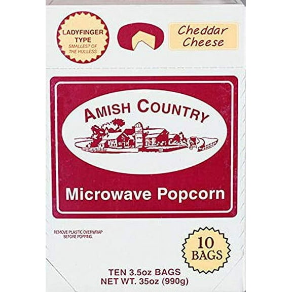 Amish Country Popcorn | Old Fashioned Microwave Popcorn | 10 Bags Cheddar Cheese Ladyfinger | Non-GMO, Gluten Free, Microwaveable and Kosher (10 Bags) 