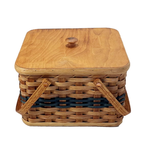Amish Double Pie Carrier Basket With Solid Oak Bottom, Tray, Lid, and Handles (Blue)