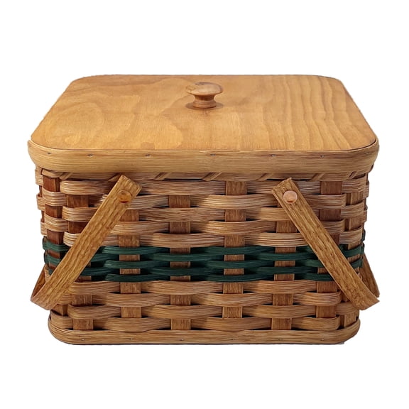 Amish Double Pie Carrier Basket With Solid Oak Bottom, Tray, Lid, and Handles (Green)
