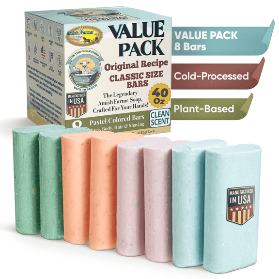 Amish Farms Original Recipe Bar Soap Value Pack, 8 Easy-Grip Hydrating Bars 5 oz Each for Face Body Hair, Tin Tub Collection