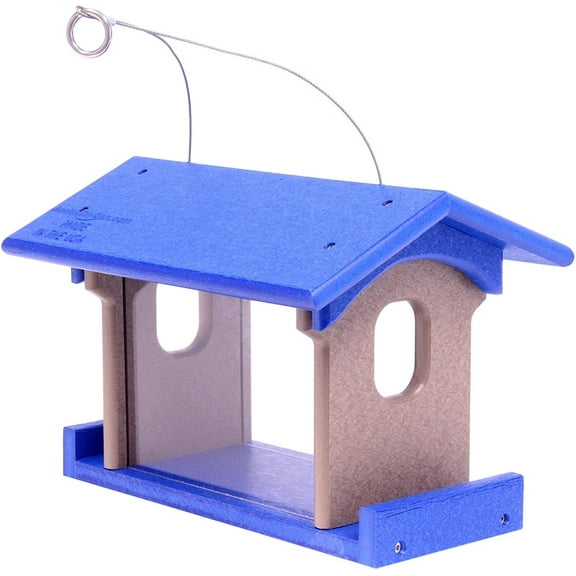 Amish-Made Bluebird Feeder, Eco-Friendly Poly Lumber Hanging Blue Bird Feeder Blue and Weathered Wood