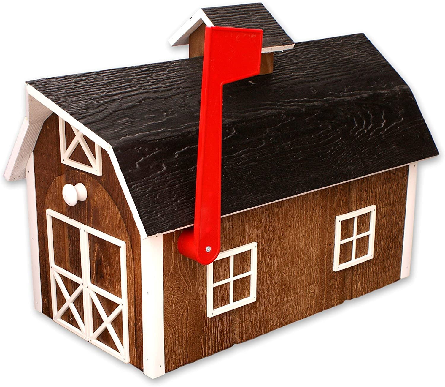 Amish-Made Deluxe Wooden Mailbox, Dutch Barn Style Chestnut with White Trim