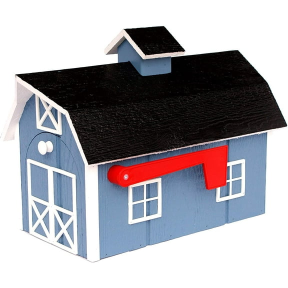 Amish-Made Deluxe Wooden Mailbox, Dutch Barn Style Country Blue with White Trim