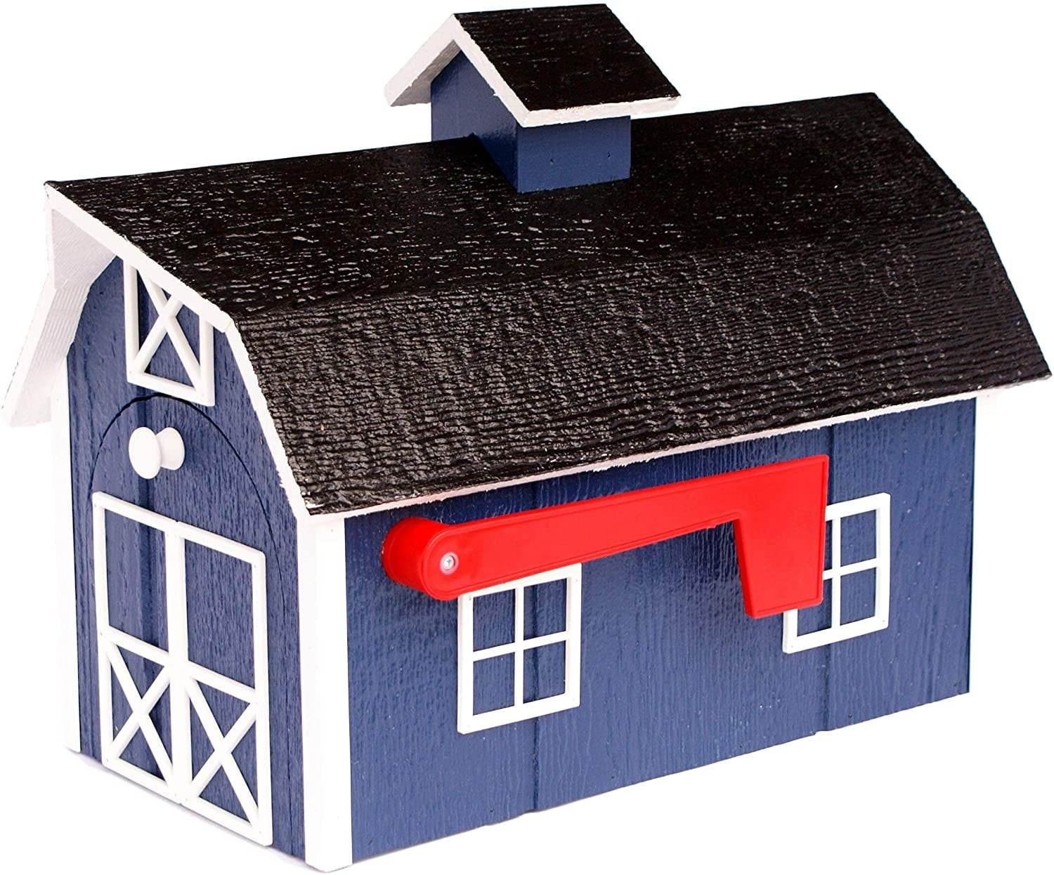 Amish-Made Deluxe Wooden Mailbox, Dutch Barn Style Navy Blue with White Trim