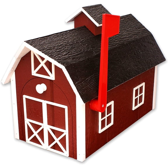 Amish-Made Deluxe Wooden Mailbox, Dutch Barn Style Red with White Trim