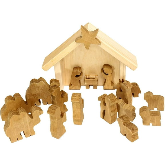 Amish-Made Wooden Nativity Manger Scene Set, 14 Pieces Harvest Stain and Natural Finish