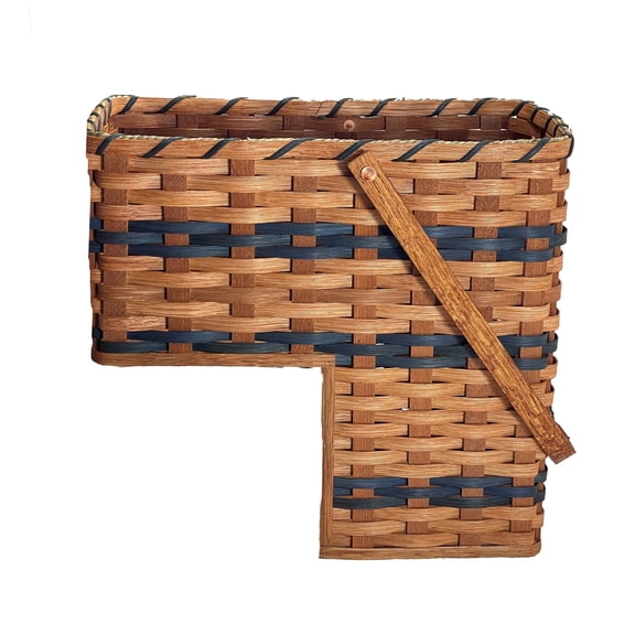 Amish Oak Stair Step Wicker Storage Basket Swinging Handle (Blue)
