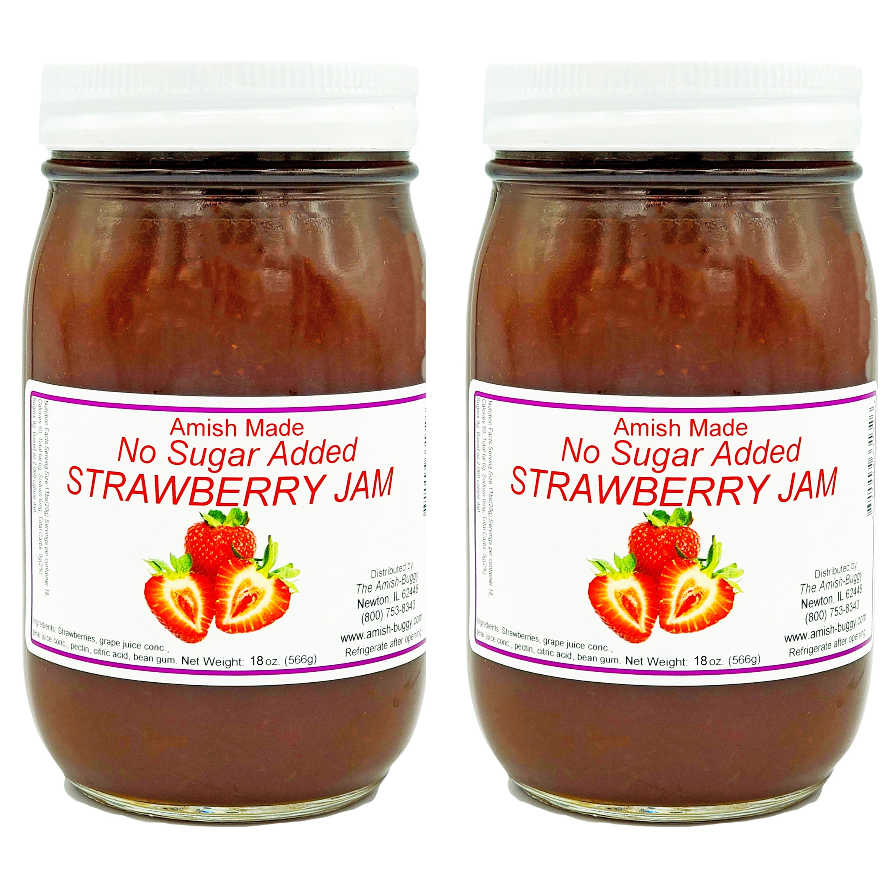 Amish Strawberry Jam - No Sugar Added - Two 16 Oz Jars