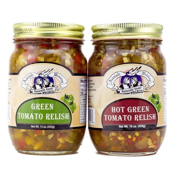 Amish Wedding Green Tomato Relish Variety Pack, 15 oz Jars (2 Pack) Regular & Hot Green Tomato Relish, Sweet and Spicy Condiment