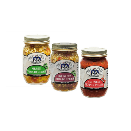 Amish Wedding Hot Green Tomato, Hot Pepper & Sweet Pepper Relishes, Variety 3-Pack 15 oz. Jars