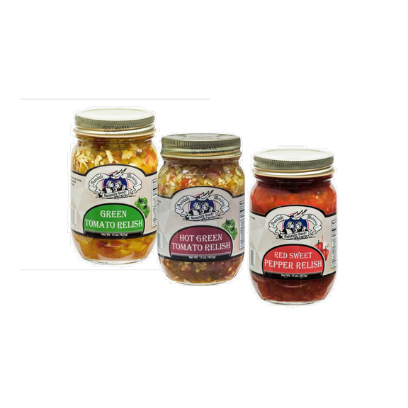 Amish Wedding Hot Green Tomato, Hot Pepper & Sweet Pepper Relishes, Variety 3-Pack 15 oz. Jars