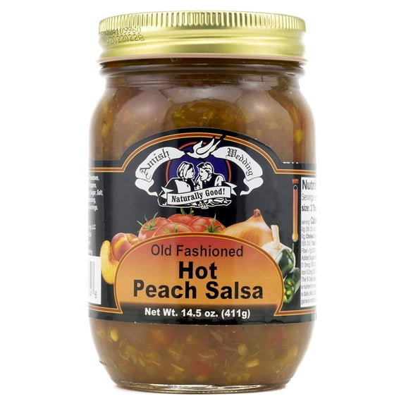 Amish Wedding Kettle Cooked Salsa, Thick and Chunky Pack of 2 14.5 ounce Jars, Hot Peach