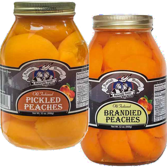 Amish Wedding Pickled Peach Halves and Brandied Peach Halves Variety 2-Pack 32 oz. Jars