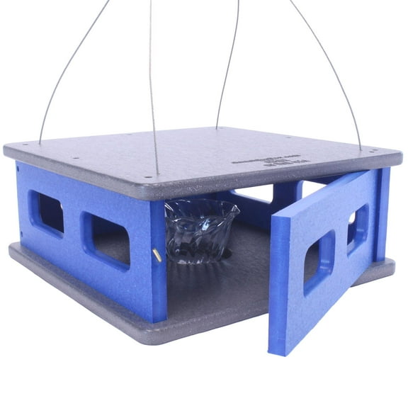 AmishToyBox.com Bluebird Feeder - Hanging Block House Mealworm Feeder for Bluebirds - Amish-Made with Poly Lumber Gray and Blue