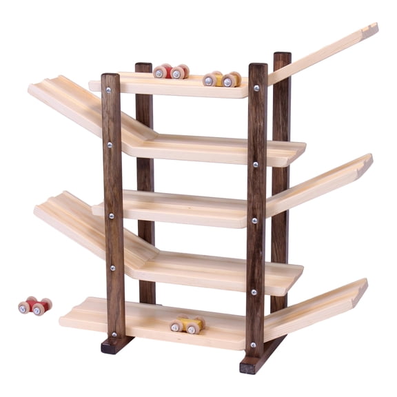 AmishToyBox.com Car Roller Racetrack Wooden Toy - CPSIA-Approved Child-Safe Finish - Pack of Cars Included Walnut and Natural