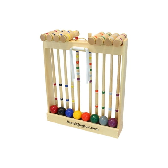 AmishToyBox.com Deluxe Croquet Game Set - 8 Player - with Wooden Stand Eight 28" Handles