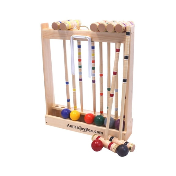 AmishToyBox.com Deluxe Croquet Game Set - 8 Player - with Wooden Stand Four 28" Handles/Four 32" Handles