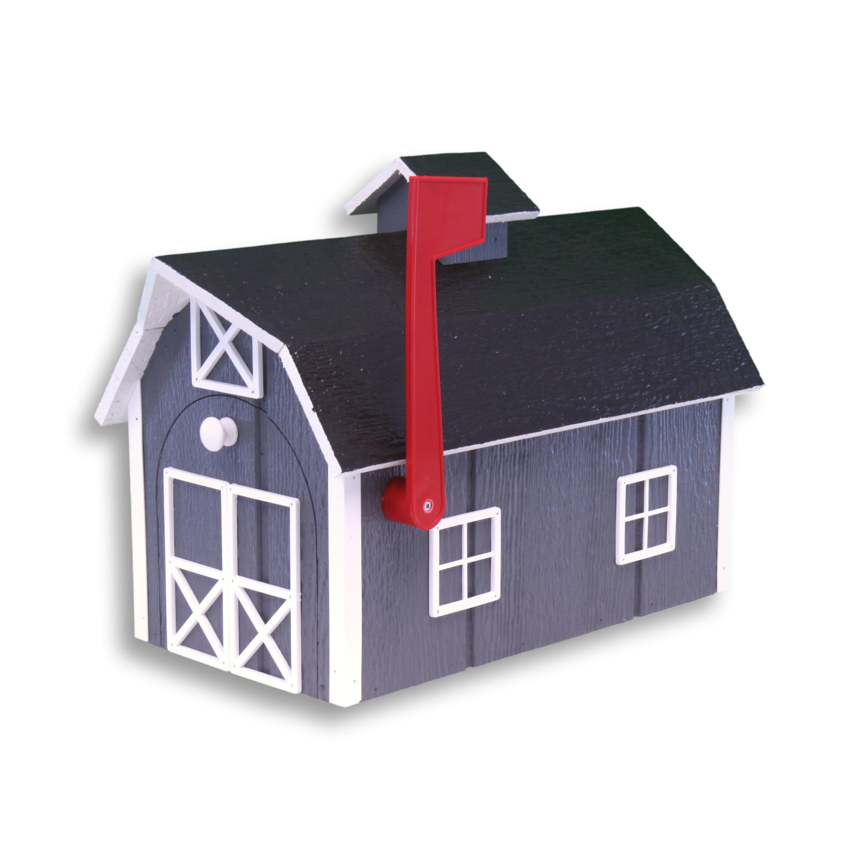 AmishToyBox.com Deluxe Wooden Mailbox, Post Mount, Dutch Barn Style Dark Gray and White