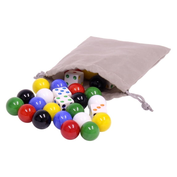 AmishToyBox.com Game Bag of 24 Large Glass Marbles 18mm Diameter and 6 Dice for Aggravation Game