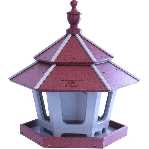 AmishToyBox.com Gazebo Bird Feeder - Deluxe Triple Compartment Post-Mount Large Bird Feeder - Made in The USA with Poly Lumber Cherry Wood and Light Gray