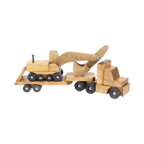 AmishToyBox.com Large Wooden Toy Truck & Flatbed Trailer with Excavator Set