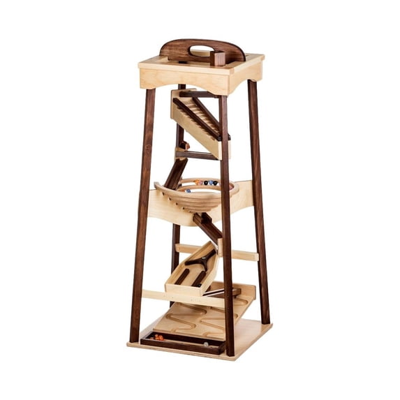 Amish-Made Pyramid Marble Tower Run Wooden Toy - 39" High - Pack of Marbles Included Walnut and Natural Finish