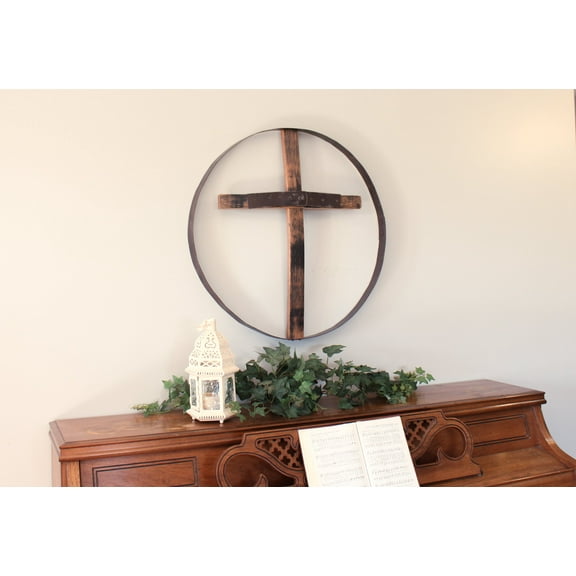 AmishToyBox.com Rustic Barrel Ring With Cross Decorative Wall Art, Reclaimed Whiskey Barrel Art