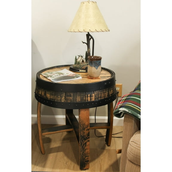 AmishToyBox.com Rustic Barrel Top End Table, Reclaimed Whiskey Barrel Table with Barrel Rings, Amish-Made