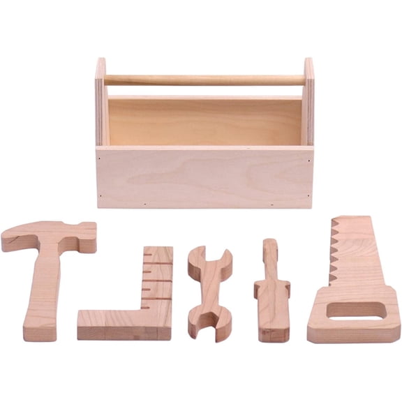 AmishToyBox.com Tool Box Toy Play Set, 6 Piece Wooden Toy Kid's Tool Set
