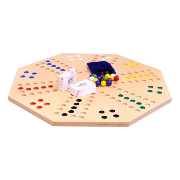 AmishToyBox.com Travel Marble Chase Cards N' Marbles Wooden Board Game Set - Double-Sided 23" Wide Board - with Cloth Carry Bag- Includes 22mm Marbles and Playing Cards