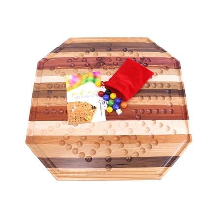 AmishToyBox.com Wahoo Aggravation Marble Game Board Set - Multiple Wood Species - Large 24" Wide - Double-Sided - with XLarge 1" Marbles and Dice Included