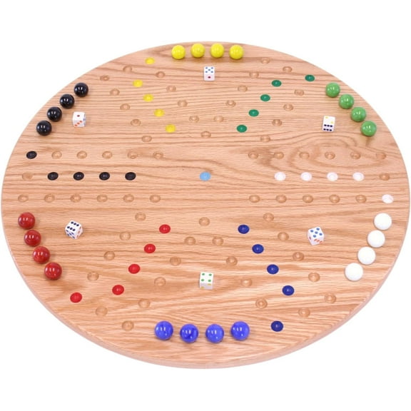 AmishToyBox.com Wahoo Marble Game Board Set - Round 22" Wide Marbles Game - Solid Oak Wood - Double-Sided - with Large 22mm Marbles and Dice Included