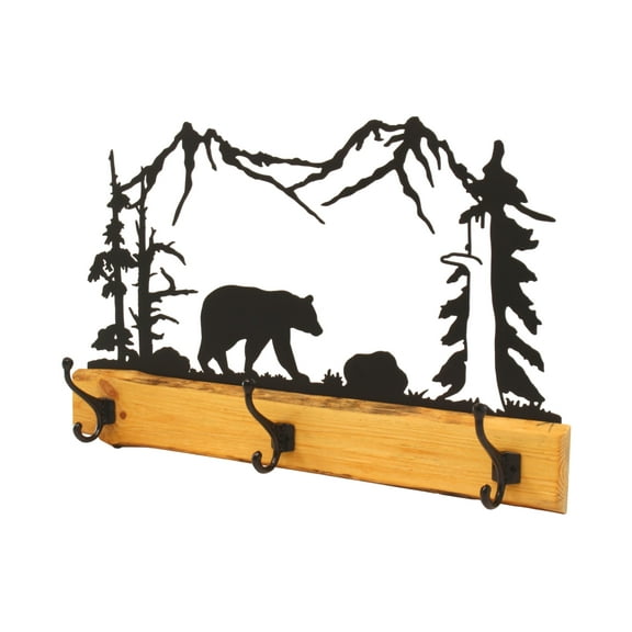 AmishToyBox.com Wood and Metal Coat Rack, with 3 Hooks and Rustic Metal Art, Amish-Made, Bear with Trees and Mountains