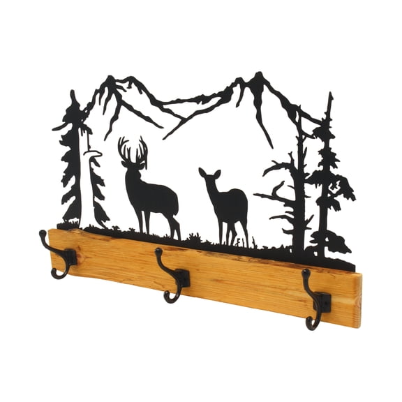 AmishToyBox.com Wood and Metal Coat Rack, with 3 Hooks and Rustic Metal Art, Amish-Made, Deer with Trees and Mountains