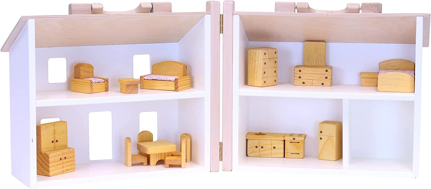 Wooden Doll House Toy with 16 Piece Doll-House Furniture Set –