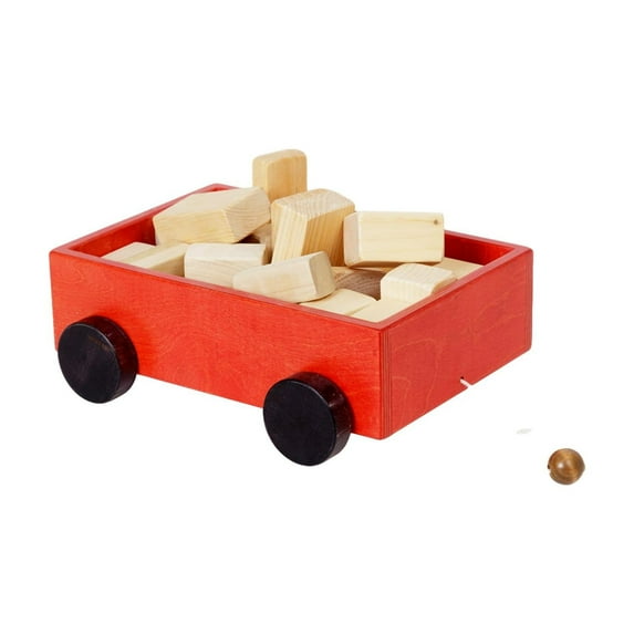 AmishToyBox.com Wooden Toddler Pull Wagon Toy with 24 Wood Building Blocks Red Stain