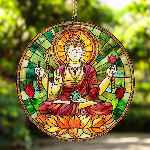 Amitabha Buddha Faux Stained Glass Suncatcher, Zen Window Decor for Meditation Room, Spiritual Gift for Peaceful Home or Altar Space