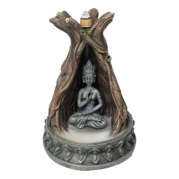 Amitabha Buddha Meditating Inside Tree Trunk Backflow Incense Burner Figurine
