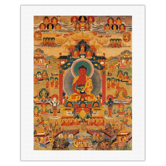 Amitabha in Sukhavati - Buddha of Boundless Light - Vintage Tibetan Thangka Buddhist Painting - Tibet, 19th Century - Fine Art Rolled Canvas Print 20in x 26in