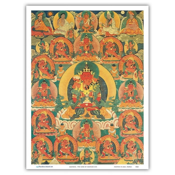Amitayus - The Lord of Limitless Life - Vintage Tibetan Thangka Buddhist Painting - Master Art Print (Unframed) 9in x 12in