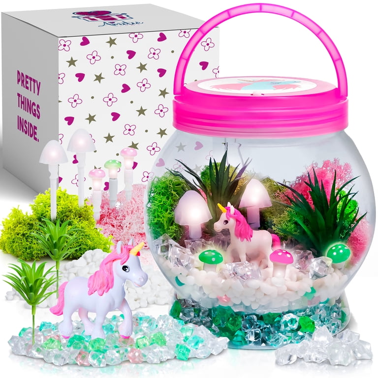 Amitie Lane DIY Itsy Unicorn Terrarium, LED Mushroom Lights, Arts