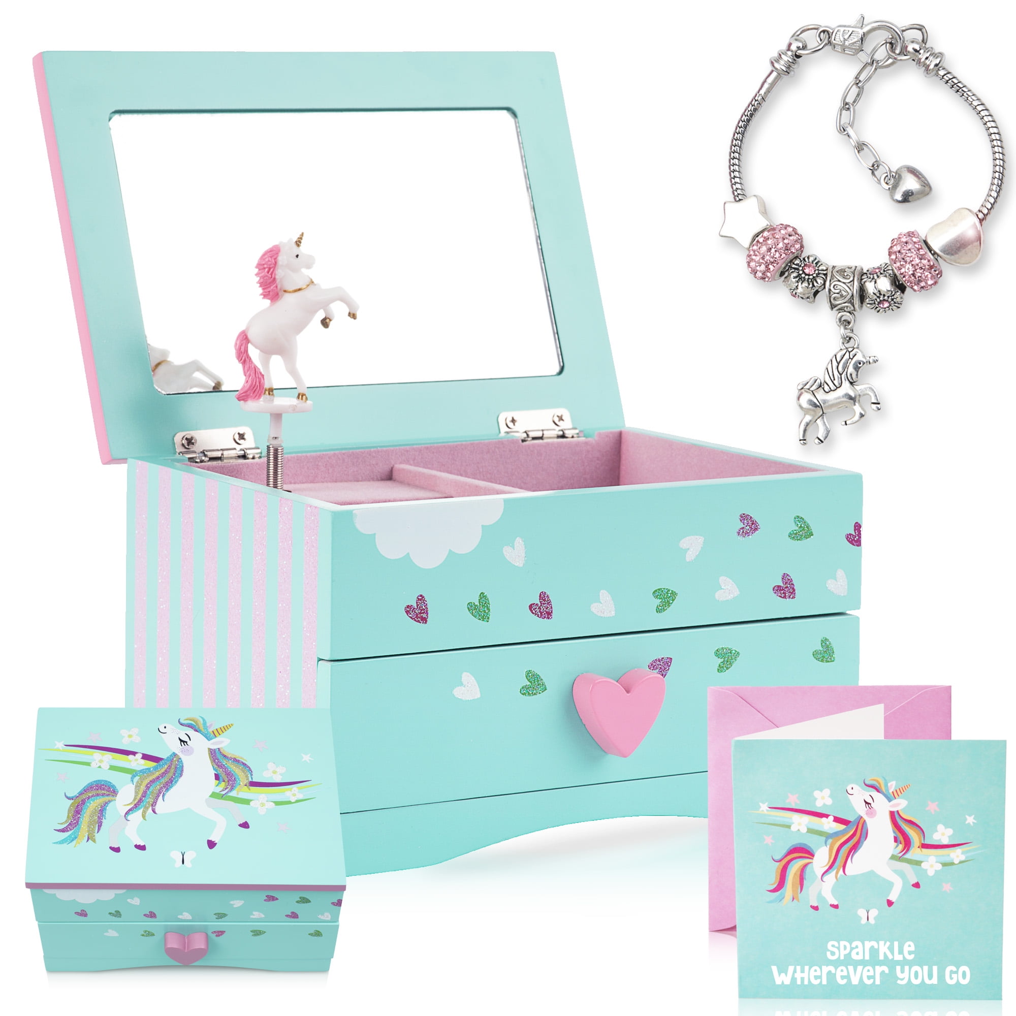 Amitie Lane Itsy Unicorn Musical Jewelry Box, Unicorn Charm Bracelet, Girls Ages 6+, Mint Green