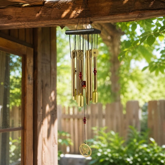 Amketima Brass Wind Chime with Red Beads and Butterfly Pendant, Metal for Patio Garden Indoor Outdoor Decor, Melodic and Calming