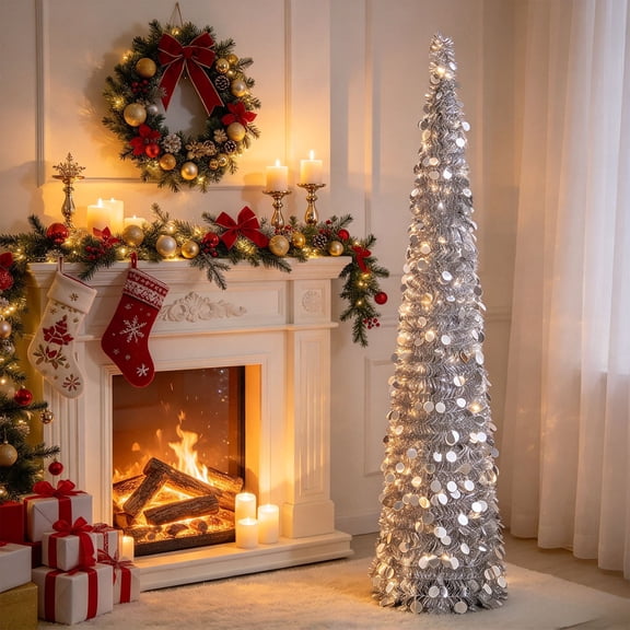 Amketima Christmas Tree Foldable Tinsel Cone Tree for Entryway Living Room Fireplace Holiday Home Decor 4.9 ft