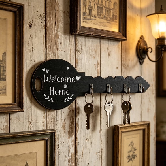 Amketima Key Shaped Wooden Key Container Welcome Home Wall Mounted Key Rack with 4 Hooks Farmstead Decorative Organizer for Entryway 11.61x4.72in