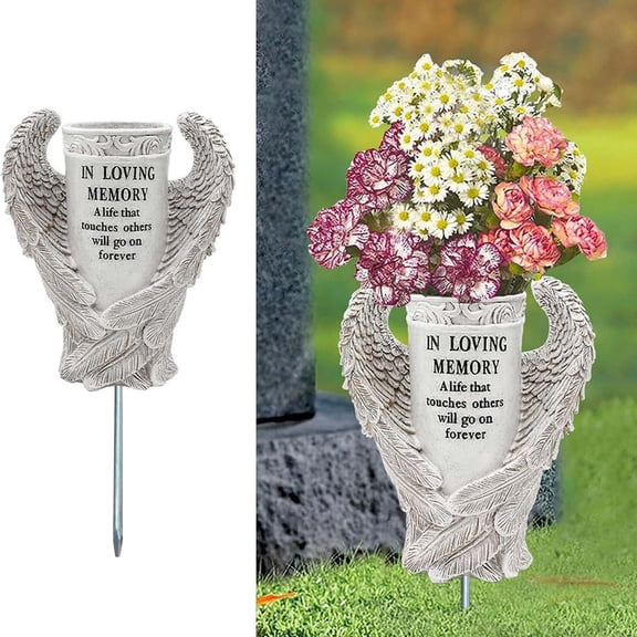Amketima Resin Angel Wing Cemetery Vase with Ground Plug Memorial Garden Statue for Outdoor Grave Decoration