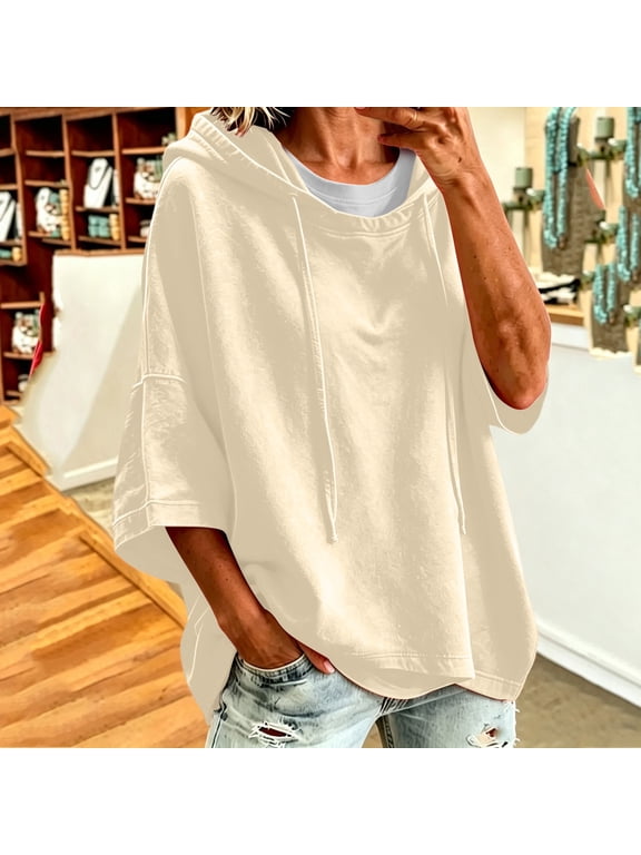 Womens Tops Drawstring Hooded 3/4 Batwing Sleeve Sweatshirt, Oversized Loose High Low Hem Pullover Top Tops for Women Trendy