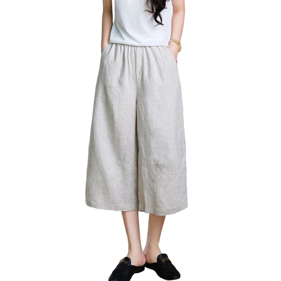 Amkhujs Capris for Women Casual Loose Elastic High Waist Linen Pants Summer Beach Solid Color Wide Leg Pants with Pockets