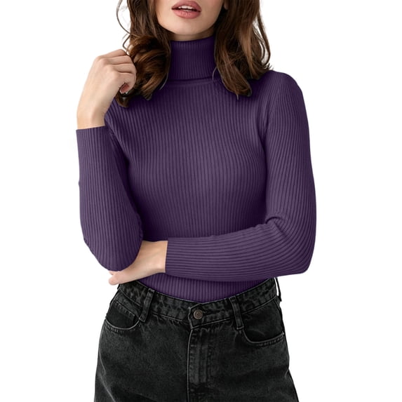 Amkhujs Fall Tops for Women Trendy Turtleneck Elegant Ribbed Knit Tops Casual Solid Fitted Basic Long Sleeve Tops